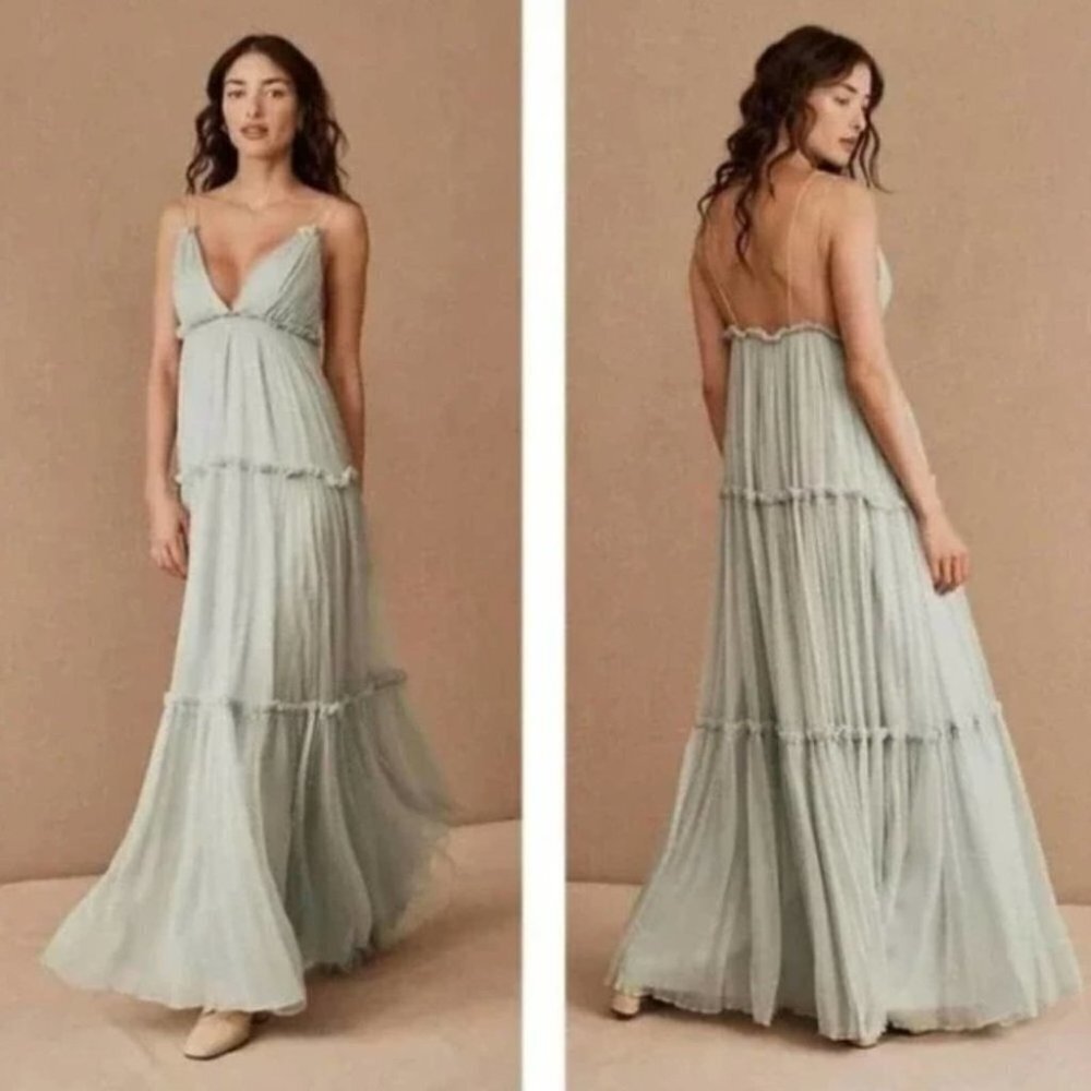BHLDN Pale Sage Layered Tulle Maxi Dress